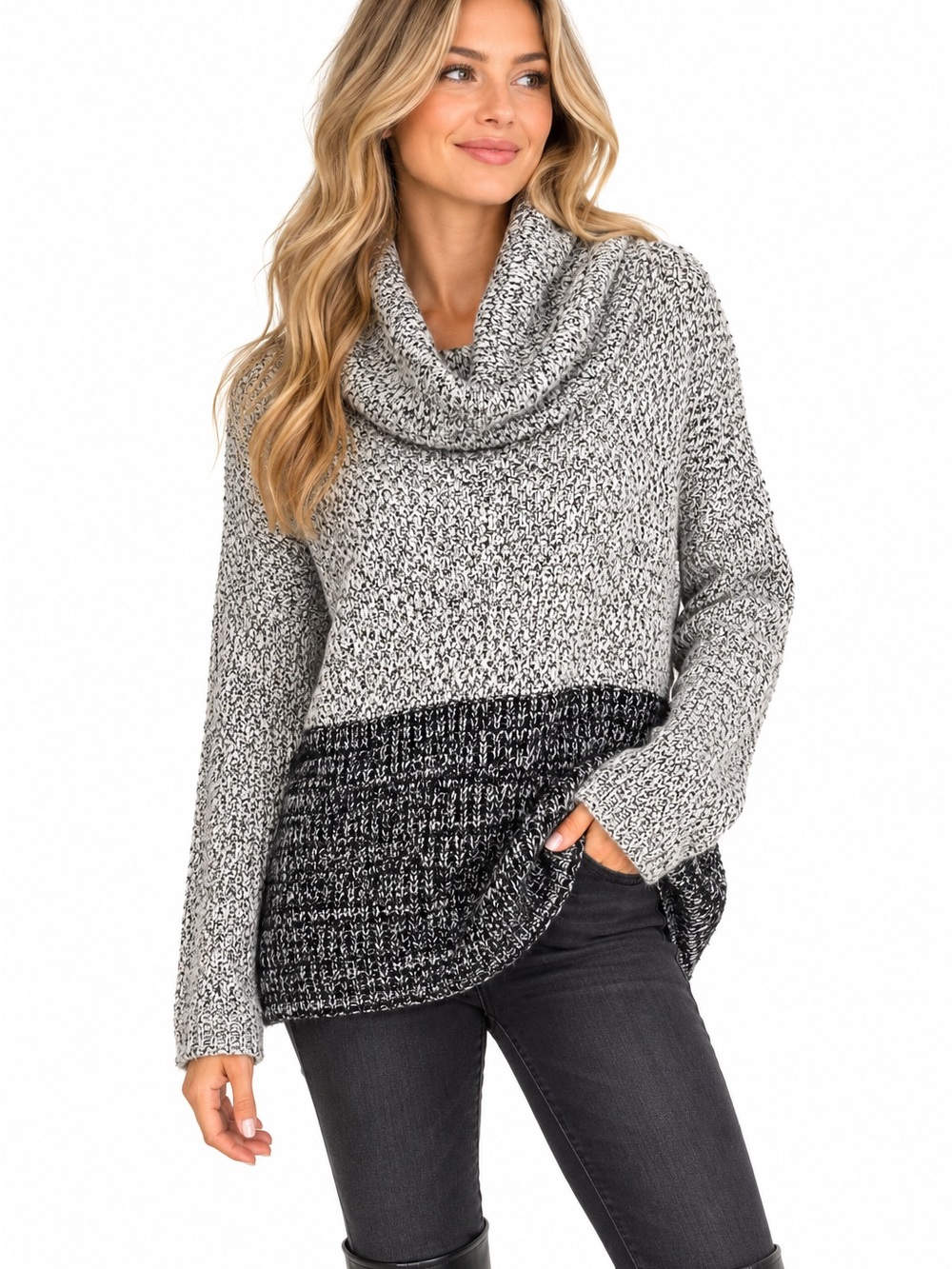 THML Marled Colorblock Cowl Neck Sweater Black Gray Oversized Knit Small